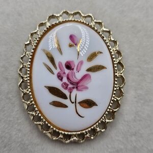 VINTAGE Hand Painted Pink Flower Milk Glass Cabochon Filigree Oval Brooch Pin